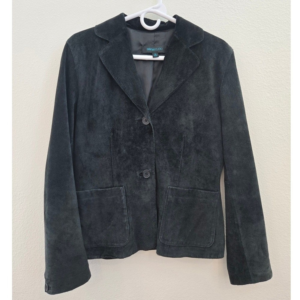 Siena Studio Womens Black Suede Leather Blazer Jacket Size 10 Two Button Lined